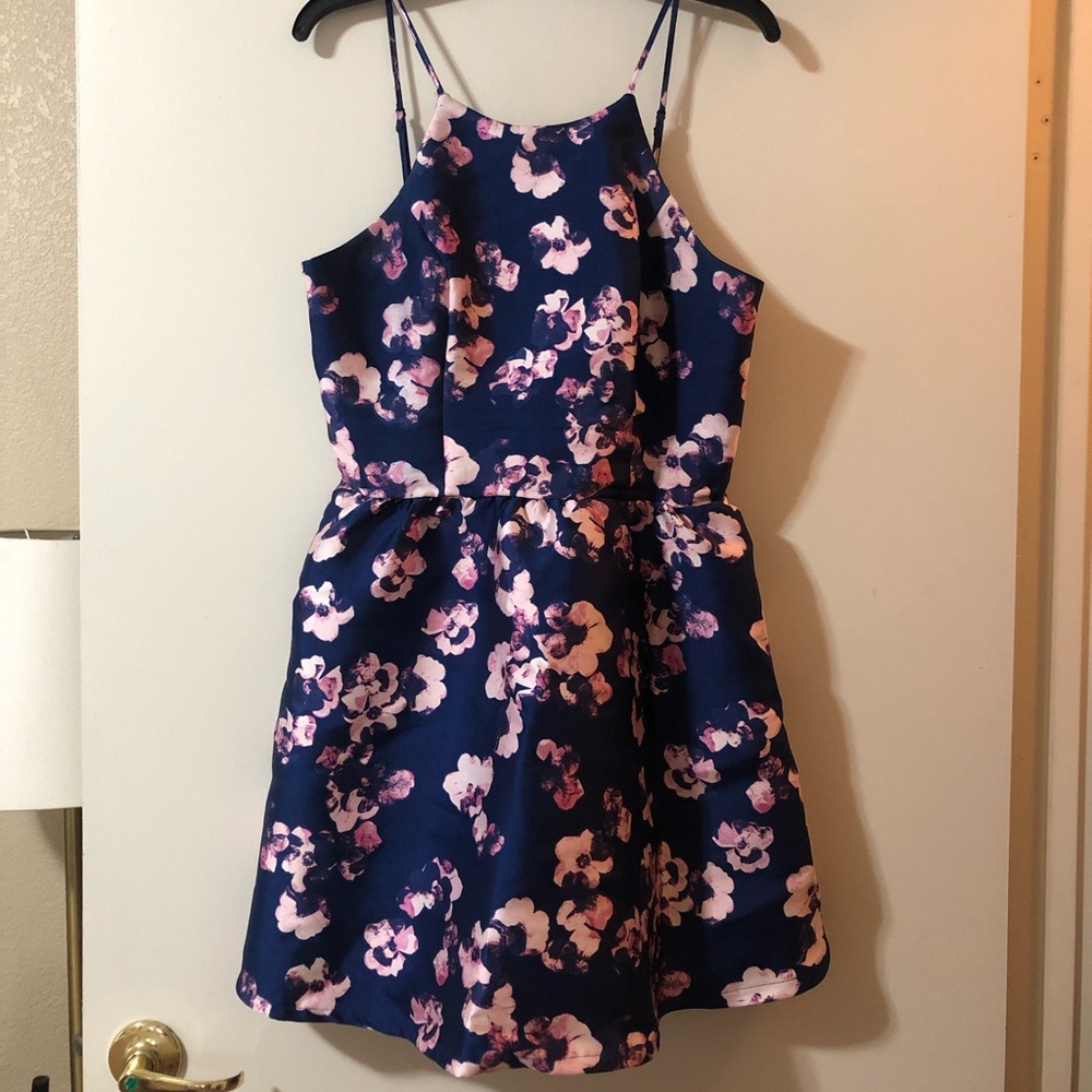Blue and Pink Floral Print “Skater” Dress